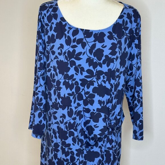 Talbots 1X Floral Midi Dress Long Sleeve Blue Navy Pullover Office Bussiness - Picture 4 of 15